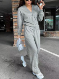 Women Solid Casual Button Top and Pants Two Piece Set