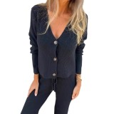 Women Long Sleeve Buttoned V-Neck Knitting Sweater and Drawstring Pants Two Piece Set