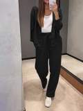 Women Solid Casual Button Top and Pants Two Piece Set