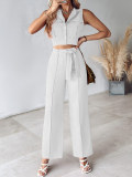 Women Casual Turndown Collar Vest and Pants Two Piece Set