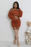Women Fall Winter Sexy Lace-Up Sweater Skirt Three-Piece