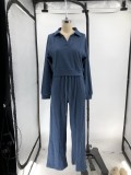 Women Fall/Winter Solid V-Neck Long Sleeve Casual Top and Pants Two-Piece Set