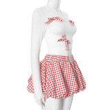 Women Plaid Bow Top and Contrast Color Bud Skirt Two Piece Set