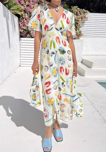 Women Vacation V-Neck Printed Casual Dress