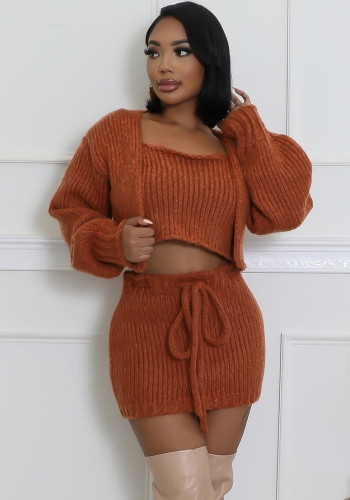 Women Fall Winter Sexy Lace-Up Sweater Skirt Three-Piece