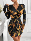 Women Printed Long Sleeve V-neck Formal Party Dress