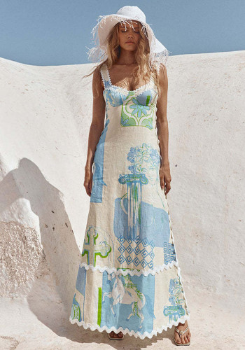 Women Printed Sexy Backless Bow Tie Dress