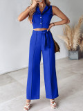 Women Casual Turndown Collar Vest and Pants Two Piece Set