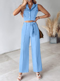 Women Casual Turndown Collar Vest and Pants Two Piece Set