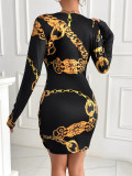 Women Printed Long Sleeve V-neck Formal Party Dress