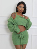 Women Fall Winter Sexy Lace-Up Sweater Skirt Three-Piece