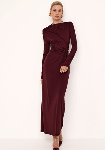Women Solid Gathered Long Sleeve Elegant Maxi Dress