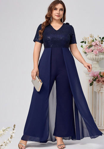 Plus Size Women Sequins V-neck Sequins Skirt Jumpsuit