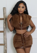 Women Patchwork Pu-Leather Sexy Top and Skirt Two Piece Set Women Patchwork Pu-Leather Sexy Top and Skirt Two Piece Set