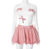 Women Plaid Bow Top and Contrast Color Bud Skirt Two Piece Set
