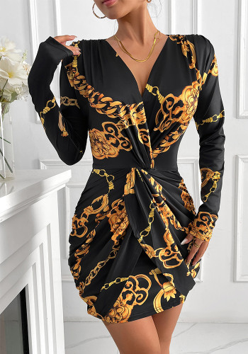 Women Printed Long Sleeve V-neck Formal Party Dress