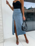 Women's Button Irregular Slit High Waist Sexy Slim Bodycon Denim Skirt