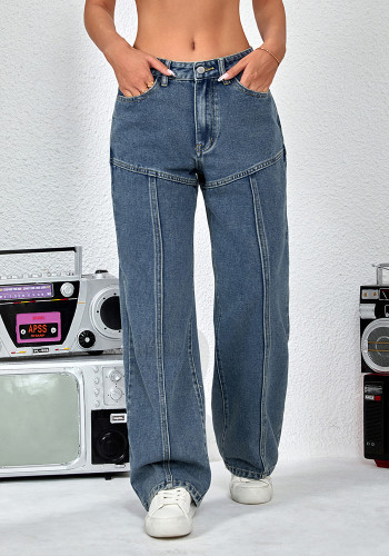 Ladies Straight Loose Patchwork Straight-Leg Wide Leg Denim Pants