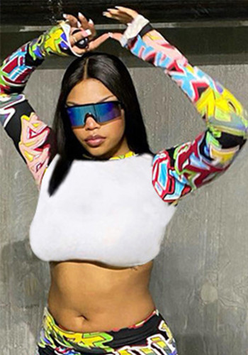 Autumn Women Slim Sexy Print Round Neck T-Shirt Top