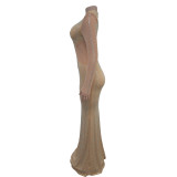 Fashion Women's Solid Color Mesh Beaded Long Dress
