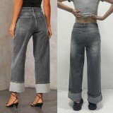 Spring High Waist  Elastic Straight Denim Pants For Women