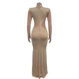 Fashion Women's Solid Color Mesh Beaded Long Dress