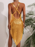 Fashion Women's Nightclub Rhinestone Chain Metal Sexy Halter Neck Dress