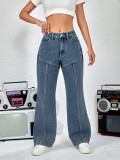 Ladies Straight Loose Patchwork Straight-Leg Wide Leg Denim Pants