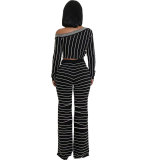 Casual Stripes Long Sleeve Top Trousers Autumn Two Piece Set