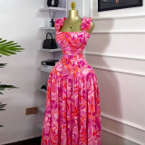 Women's Spring Printed Short Vest High Waist Swing Skirt Fashion Casual Two Piece Set