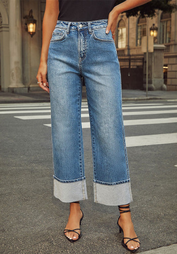 Spring High Waist  Elastic Straight Denim Pants For Women