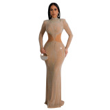 Fashion Women's Solid Color Mesh Beaded Long Dress