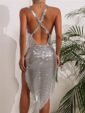 Fashion Women's Nightclub Rhinestone Chain Metal Sexy Halter Neck Dress