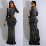 Fashion Women's Solid Color Mesh Beaded Long Dress