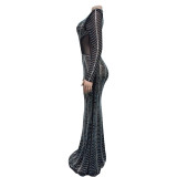Fashion Women's Solid Color Mesh Beaded Long Dress