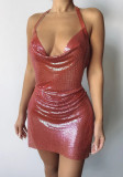 Nightclub Sexy V-Neck Strap Low Back Metal Strap Nightclub Sequin Dress