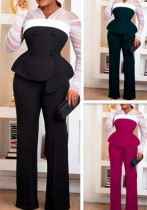 Women's See-Through Long Sleeve Slim Waist Jacket Casual Wide Leg Pants Fashion Suit