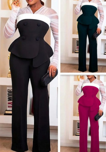 Women's See-Through Long Sleeve Slim Waist Jacket Casual Wide Leg Pants Fashion Suit