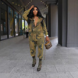 Women's Casual Fashion Multi-Pocket Zipper Camouflage Jumpsuit