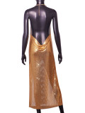 Women's Nightclub Sexy Halter Neck Strap Low Back Metal High Slit Dress
