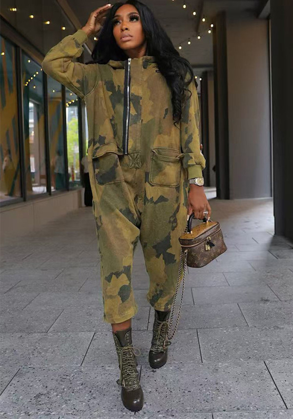 Women's Casual Fashion Multi-Pocket Zipper Camouflage Jumpsuit
