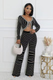 Casual Stripes Long Sleeve Top Trousers Autumn Two Piece Set
