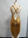 Fashion Women's Nightclub Rhinestone Chain Metal Sexy Halter Neck Dress
