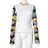 Autumn Women Slim Sexy Print Round Neck T-Shirt Top