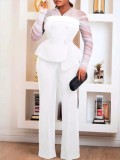 Women's See-Through Long Sleeve Slim Waist Jacket Casual Wide Leg Pants Fashion Suit