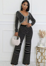 Casual Stripes Long Sleeve Top Trousers Autumn Two Piece Set