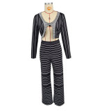 Casual Stripes Long Sleeve Top Trousers Autumn Two Piece Set