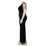 Plus Size Women Sexy V-Neck Sleeveless Fringe Dress