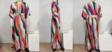 Women Color Block Bat Sleeves Lace-Up Maxi Dress