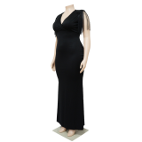 Plus Size Women Sexy V-Neck Sleeveless Fringe Dress